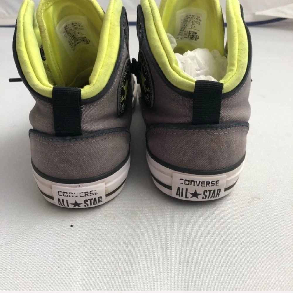 Converse mid-rise gray and neon yellow color block sneakers
